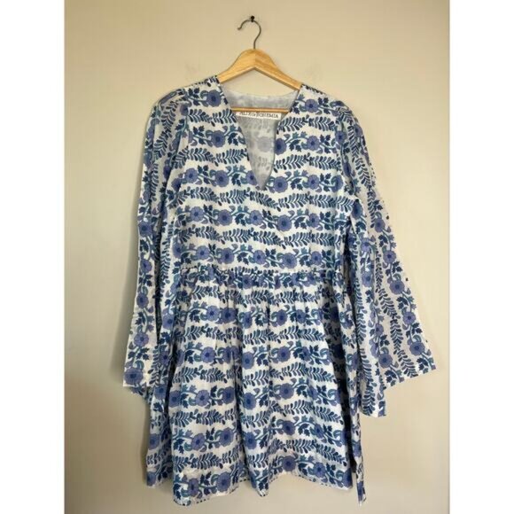 NEW Alix of Bohemia Silvie Iris Ivy Flared Sleeve Cotton Mini Dress Blue Size: M - Picture 2 of 7